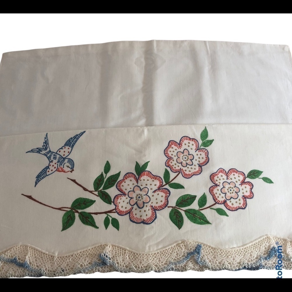 VTG Stamped Set White  Standard Pillowcases Floral Bird Victorian Home Linens